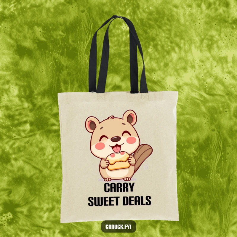 Funny tote bag showcasing a grinning animal character politely offering a beaver tail pastry, ideal for carrying sweet delights.