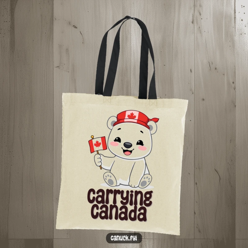 Funny Polar Bear Tote Bag featuring a smiling polar bear proudly holding a miniature Canadian flag, perfect for carrying daily items with pride.