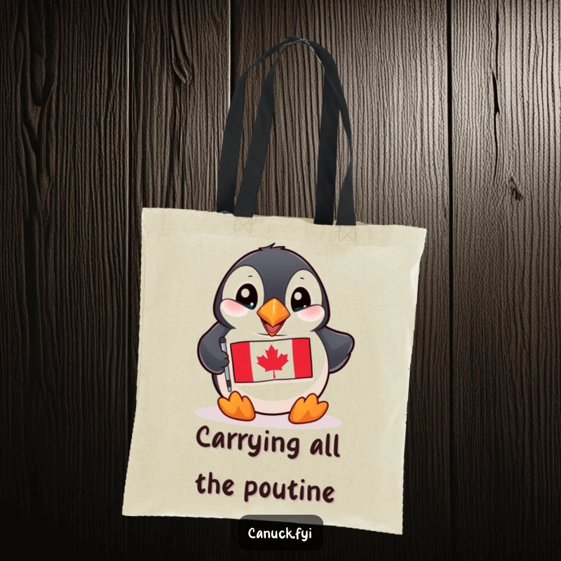 Funny Puffin Tote Bag: A bright, playful puffin holds a small Canadian flag, perfect for carrying humor.