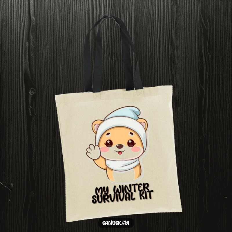 Funny Tote Bag with a cozy winter-hatted animal happily waving, perfect for carrying groceries or daily necessities.