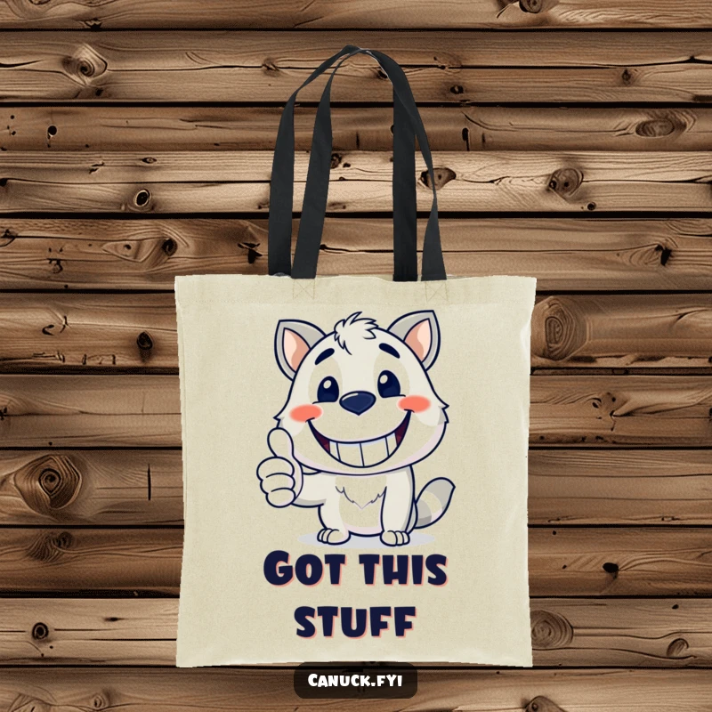 Funny tote bag with a happy animal mascot giving a wide grin and a thumbs up, practical funny gift.