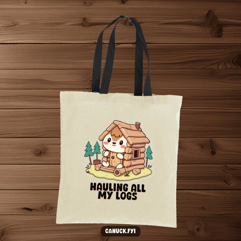 Funny Tote Bag: Stylized animal hilariously works on a miniature log cabin, ready to carry your supplies with humor.