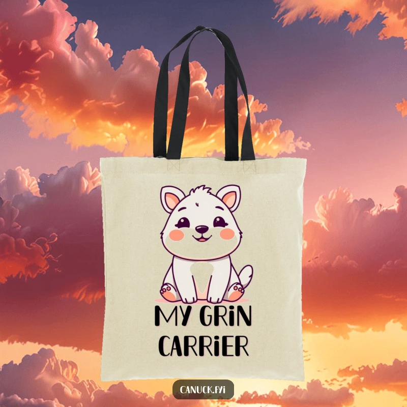 Cute animal with a friendly, welcoming grin, depicted on a humorous tote bag.